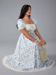 Flirla Plus Size Women Blue Ditsy Floral Puff Sleeve Dress - Multicolor - View 7
