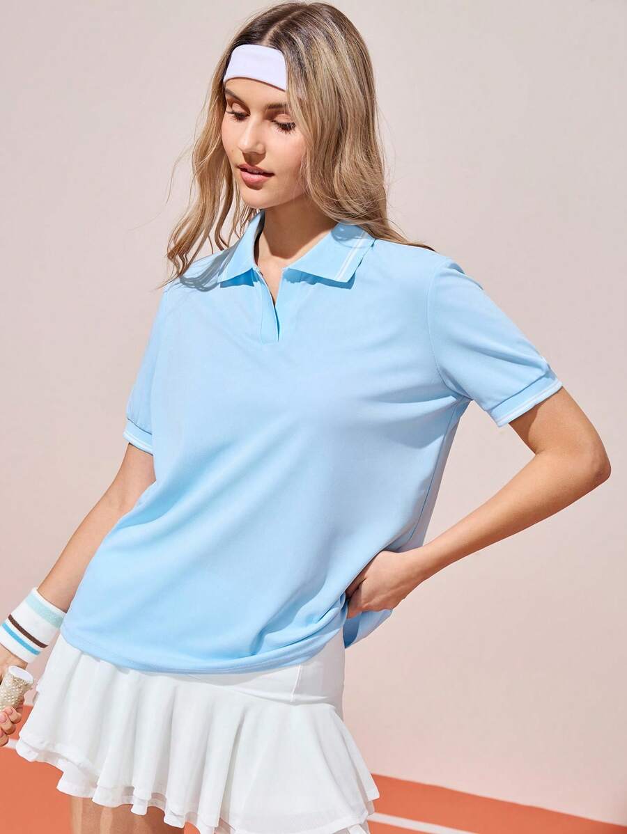 CourtClass Women's Striped Short-Sleeved Casual Sports Polo Shirt, Women's Golf Top, Women's Polo Shirts - Blue - View 1
