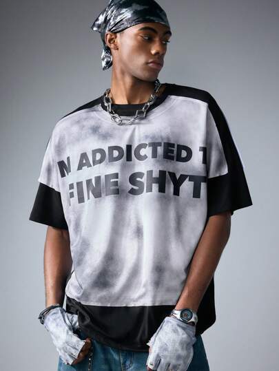 Street Life T-shirt à manches courtes avec imprimé patchwork pour hommes, convient pour le port quotidien, printemps et été