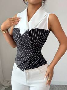 Elenzga Women's Striped Sleeveless Fitted Blouse, Summer - Black - View 3