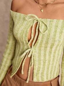 Easelle Women's Autumn And Winter Retro Casual Office Commuting Modern Fashion Elegant Sexy Bow Tie Hollow And Green Wide Pit Stripes One Shoulder Slim Wool Top