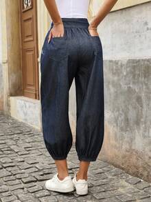 SHEIN LUNE Women's Drawstring Waist Pockets Ankle-Length Casual Jeans - Blue - View 2