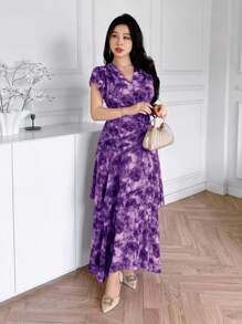 Modelyn Women's Elegant Tie Dye Print Dress, Summer - Purple - View 4