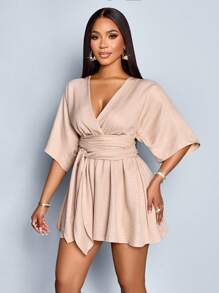 SOLERSUN 女式优雅深 V 领束腰系带蝙蝠袖褶饰腰部连体裤，适合度假和日常穿着 - 杏色 - 查看 6