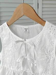SHEIN 青少年女孩休闲日常度假纹理蝴蝶结短款上衣 - 白色 - 查看 3