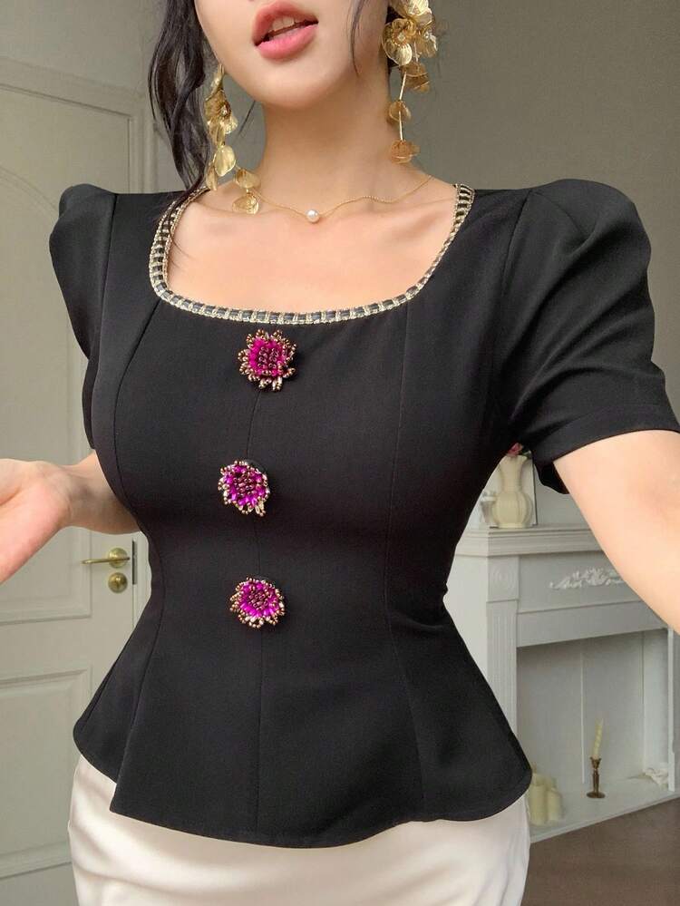 Elegant Fitted Sheer Sequin Floral Decor Contrast Ruffle Hem Short Sleeve Blouse, Suitable For Party, Wedding, Graduation, Summer Babydoll Top