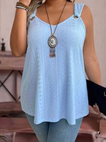 SHEIN Plus Size Casual Versatile Solid Color Textured Tank Top, Summer - Blue - View 3