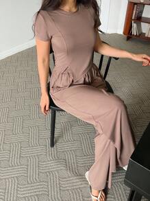 DAZY Damen einfarbiges gestricktes Top mit asymmetrischem Saum und weite Hose Loungewear Set Pyjama