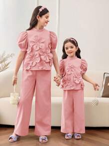SHEIN Young Girl 2pcs Set:3D Flower Puff Sleeve Stand Neck Blouse Top & Loose Casual Pants,Cute Elegant Light Pink Summer Outfit For Party & Daily Wear - Pink - View 6