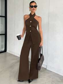 Lavishia Sophisticated Gold Rose Buckle Black Halter Top + Flare Pants 2 Pieces Set, Suitable For Daily Commute - Chocolate Brown - View 3