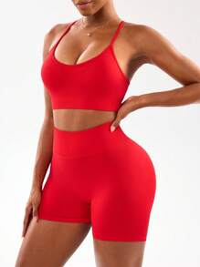 SHEIN Sports 女士无缝纯色短款吊带背心和短裤运动服套装女士健身套装