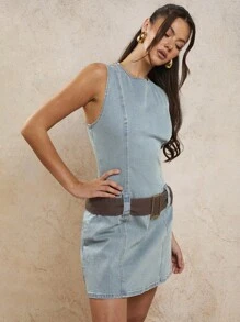 COSMINA Denim Women's Vintage Washed Color Block Wide Waistband Denim Mini Dress - Medium Wash - View 5
