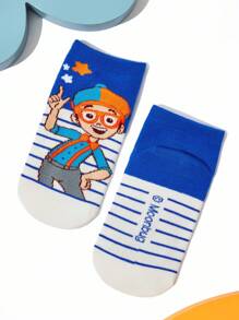 Blippi X SHEIN 5 双棉质柔软透气吸湿排汗儿童短袜彩色可爱卡通汽车图案踝袜加固脚趾和脚跟，经久耐用，男女通用，四季百搭，适合学校和户外 - 彩色 - 查看 11