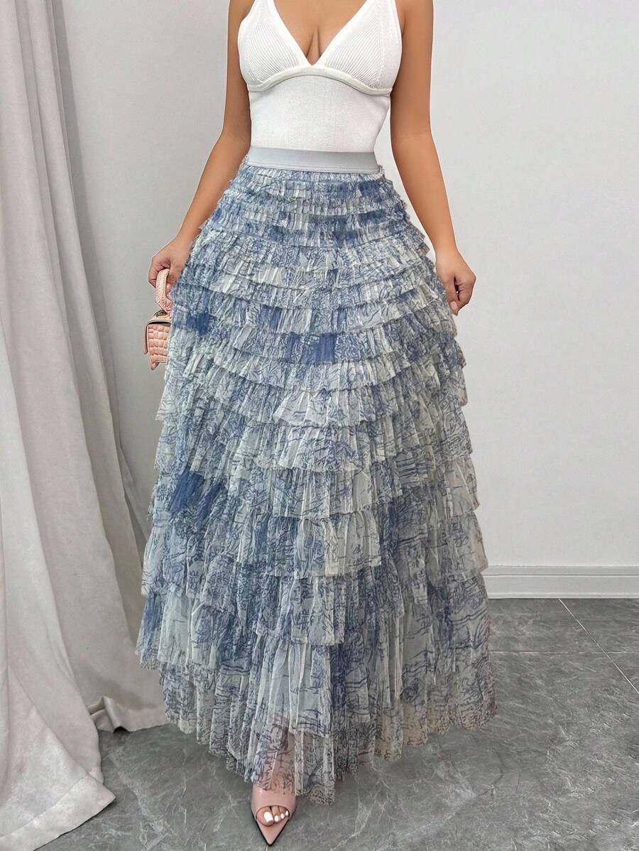 Elenzga Women's Romantic Holiday Style Ditsy Floral Mesh Skirt Fall Cloth For Women