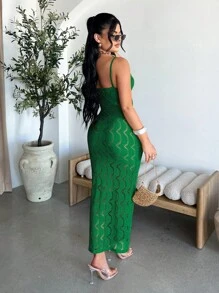SHEIN SXY Women's Solid Color Hollow Out Knit Fitted Dress - Green - View 2