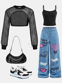 Tween Girls 街头时尚牛仔印花紧身裤、短款细肩带吊带背心和长袖连帽网眼上衣 3 件套，时尚风格 - 黑色 - 查看 1
