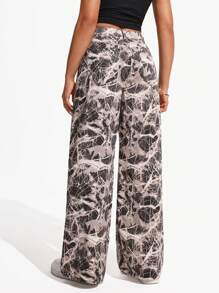 Jeanoix 女式宽松口袋印花阔腿休闲牛仔裤 - 灰色 - 查看 3