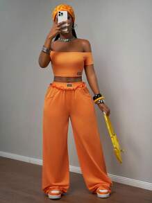 Slaydiva 2025新款夏季音乐节生日派对毕业休闲基础套装露肩短袖短款上衣&条纹宽松直筒裤橙色两件套橙色两件套阔腿裤套装裤子两件套夏季裤子套装 - 橘色 - 查看 9