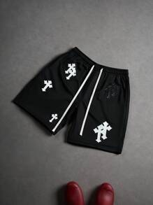PAVTROS Men's Casual Cross Print Drawstring Waist Shorts, Summer Graphic