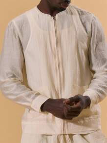 Musero Men Linen Zip Through Long Sleeve Jacket Front Pocket Detailing Spring Summer Holiday Vacation Comfort - Khaki - View 2