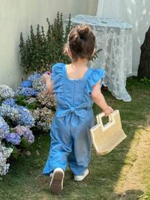 SHEIN Vintaside Kids Baby Girls' Casual Versatile Summer Sleeveless Jumpsuit Palazzo Pants, Silk-Like Fabric Baby Girl Jumpsuit Baby Jumpsuit Baby Jumpsuits - Blue - View 2