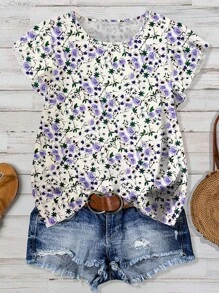 Linhara Plus Size Women's Summer Floral Print Round Neck Ruffle Trim Short Sleeve Blouse - Multicolor - View 1