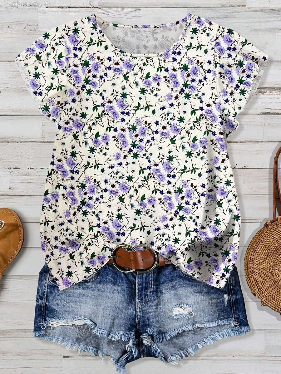 Linhara Plus Size Women's Summer Floral Print Round Neck Ruffle Trim Short Sleeve Blouse - Multicolor - View 1