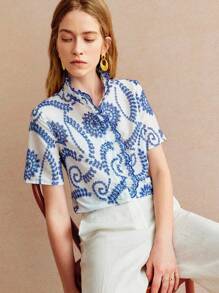Écloséra French Retro Casual Vacation Blue And White Embroidery Hollow Flower Stand Collar Ruffle Collar Short Sleeve Women's Shirt - Blue and White - View 5