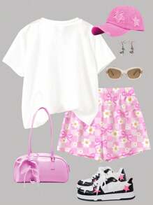 SHEIN 清凉夏日，水果蝴蝶结柠檬茶图案短袖圆领T恤+短裤两件套，适合青春期女孩，休闲简约，度假风