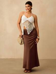 SHEIN VCAY Plus Size Elegant Holiday Casual Detailed Beaded Asymmetric Crochet Hook Neck Sleeveless Knit Top For Women - White - View 5