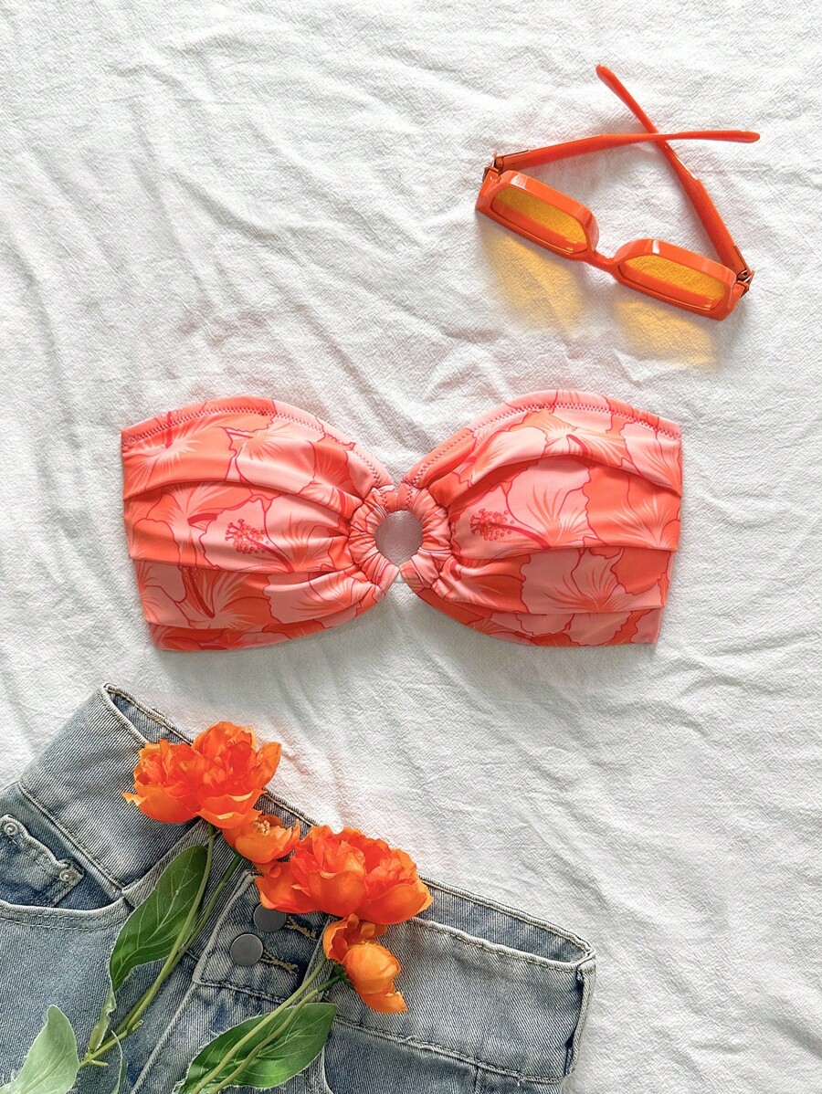Swim Mod Women's Floral Print Bandeau Bikini Top For Summer Beach Vacation - Orange - View 1