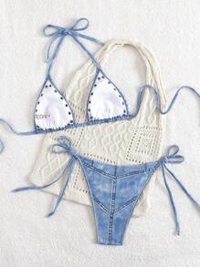 SHEIN Swim 全新夏季女式仿牛仔印花细肩带露背系带上衣和侧系带比基尼泳裤两件套泳衣套装 - 彩色 - 查看 6