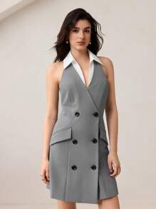 BizChic Women's Summer Fashion Commuting Contrast Collar Double-Breasted Halter Short Dress