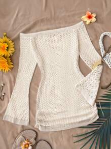 SHEIN Teen Girls Off Shoulder Knot Side Cover Up Dress, Ruched Hip & Tie Design, Suitable For Beach, Vacation