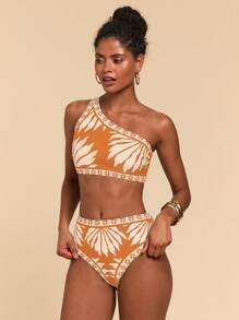 Travachic 女士夏季海滩植物印花性感比基尼套装（含罩衫） - 橘色 - 查看 3