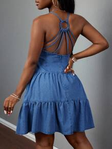 Slaydiva Vestido de mezclilla azul para mujer con estilo 2025 de verano: nuevo festival de música, fiesta de cumpleaños, graduación, diario casual básico y versátil, ocio, crucero, playa, tomar el sol, viral, decorado con botones, con detalle de anillo redondo en la espalda, con tirantes y plisados multicapa, sexy espalda descubierta