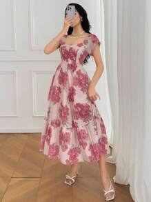 DAZY 女士优雅花卉V领中长连衣裙，夏季 - 粉色 - 查看 7