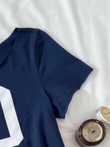 SHEIN Tween Girl Casual Royal Blue Knitted Slogan Off-Shoulder Printed Short Short-Sleeved Fitted Top, Spring And Summer, Cool, Basic, Daily, Versatile, Sports Fashion Summer Tops, Back To School Season, School Uniforms Girls Royal Blue Crop Tops