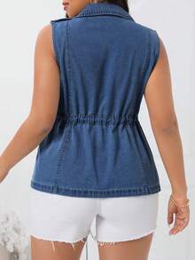 SHEIN Clasi Áo khoác denim không tay cạp rút thoải mái mùa hè cỡ lớn - Màu xanh lam - Xem 2
