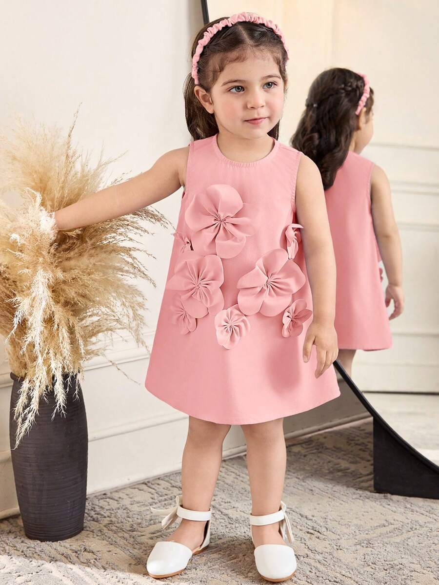 SHEIN Robe décontractée à encolure ronde et sans manches pour bébé fille avec décoration de fleur 3D - Rose bonbon - Voir 1