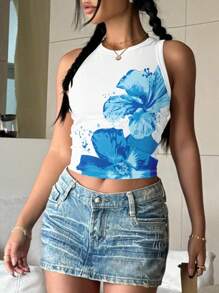 SHEIN 白色休闲简约芙蓉花印花圆领紧身背心 - 彩色 - 查看 3