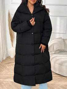 EURMUSE Plus Size Zip Up Drawstring High Collar Long Fit Solid Color Winter Coat - Black - View 6