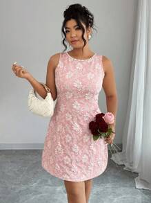 Elenzga 大码女式优雅纯色提花露背蝴蝶结装饰短款连衣裙 - 粉色 - 查看 3