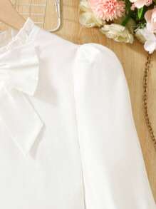 SHEIN 青少年女孩休闲可爱通勤蝴蝶结荷叶边袖衬衫，带可拆卸蝴蝶结，返校，白衬衫，学院风，学校，秋季 - 白色 - 查看 6