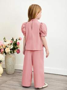 SHEIN Young Girl 2pcs Set:3D Flower Puff Sleeve Stand Neck Blouse Top & Loose Casual Pants,Cute Elegant Light Pink Summer Outfit For Party & Daily Wear - Pink - View 2
