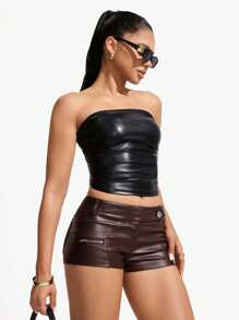 Jeanoix Women's Solid Color PU Leather Zipper Designed Skinny Fashionable Shorts