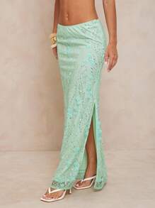 Lumalex 秋季简约复古夏季泳装泳衣泳装度假优雅复活节波西米亚风海滩热门户外丰富层次婚礼季宴会成人礼海滩海边女士亮片装饰低腰开衩半身裙 - 薄荷綠 - 查看 8