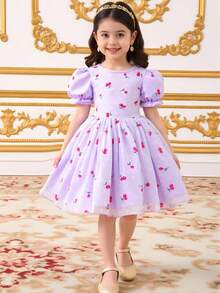 Young Girl Cherry Print Puff Sleeve Party Dress - Purple - View 6