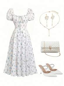 Chiquease 女士优雅蓝白碎花中长度假连衣裙