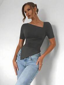 Chiquease 女式纯色短袖修身休闲不对称T恤，夏季 - 灰色 - 查看 3